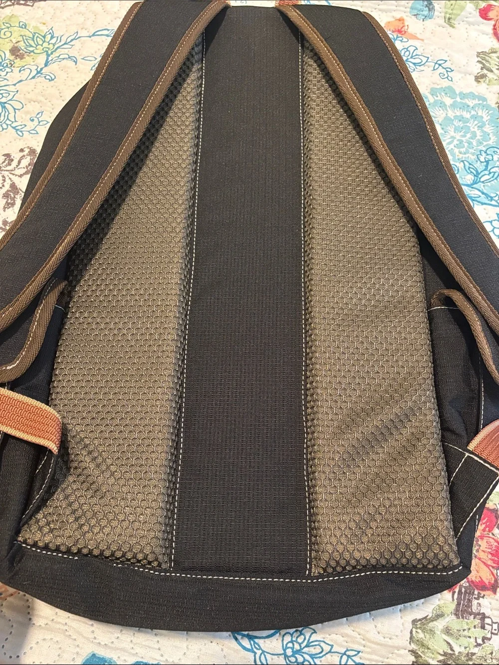 Timberland Black Canvas Backpack with Brown Trim and Orange Pull